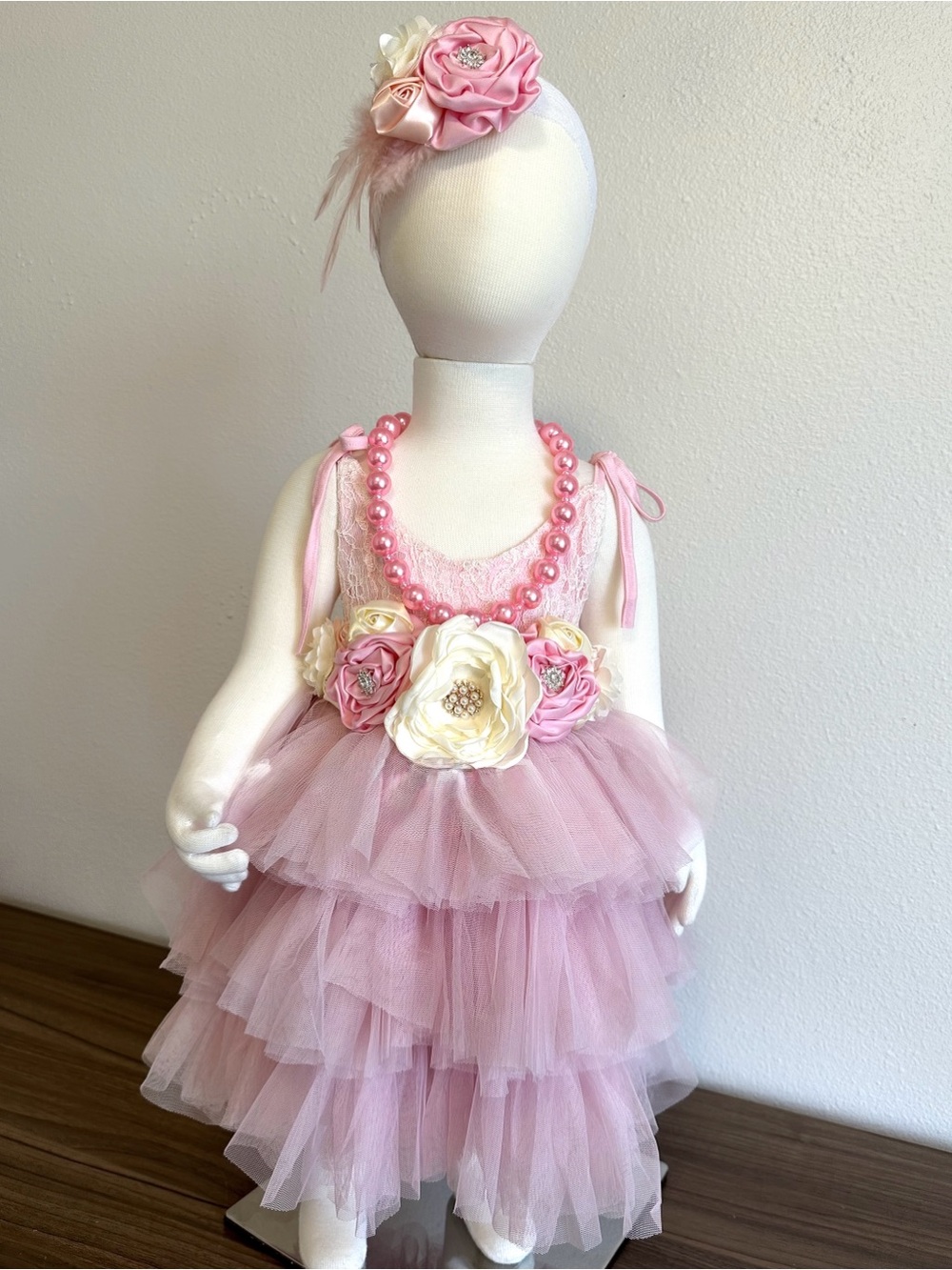 Birthday Pink Tulle Ruffled Flower Girl Dress with headband